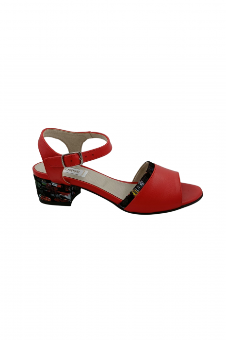 Sandale dama eleganti, piele naturala, toc mic gros, barete, imprimeu de picasso, rosu, Sandali [2]