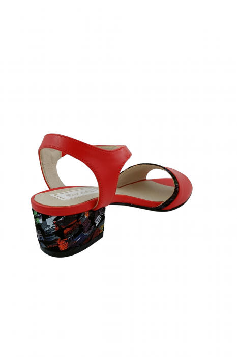 Sandale dama eleganti, piele naturala, toc mic gros, barete, imprimeu de picasso, rosu, Sandali [3]