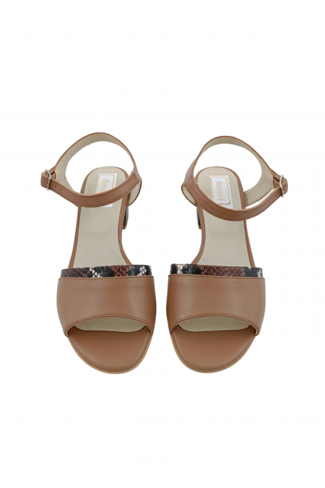 Sandale dama eleganti, piele naturala, toc mic gros, barete, imprimeu de sarpe, bej inchis, Sandali [4]