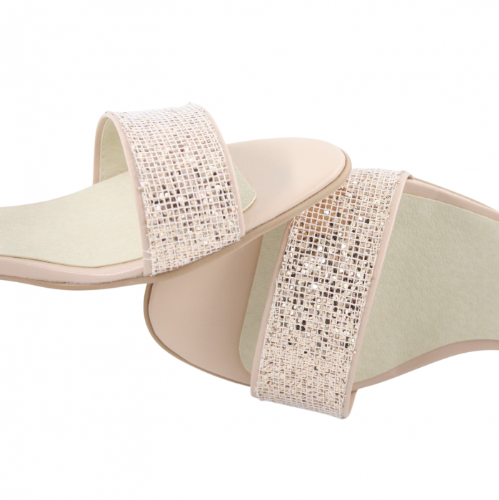 Sandale dama eleganti, piele naturala, toc mic gros,  bej cu glitter, Sandali [5]