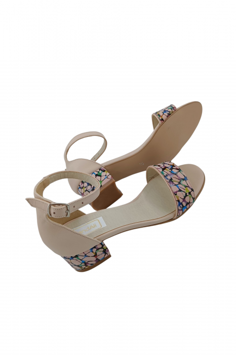 Sandale dama eleganti, piele naturala, toc mic gros, imprimeu de abstract pe bareta, bej, Sandali [5]