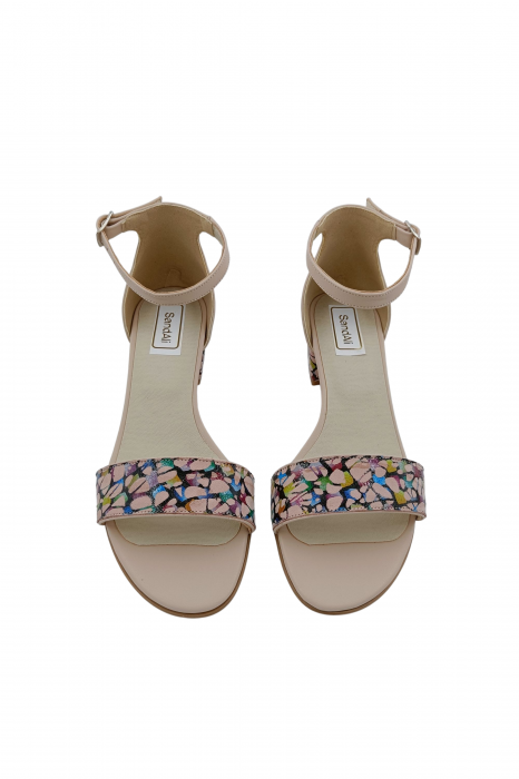 Sandale dama eleganti, piele naturala, toc mic gros, imprimeu de abstract pe bareta, bej, Sandali [4]