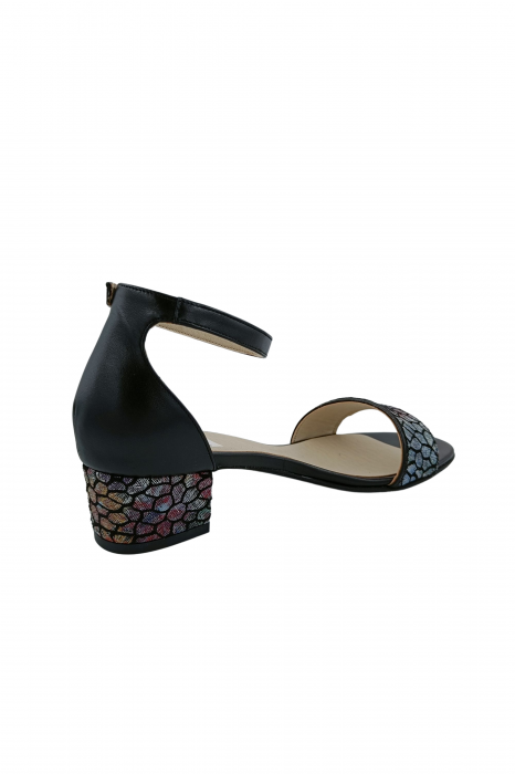 Sandale dama eleganti, piele naturala, toc mic gros, imprimeu de mozaic pe bareta, negru, Sandali [3]