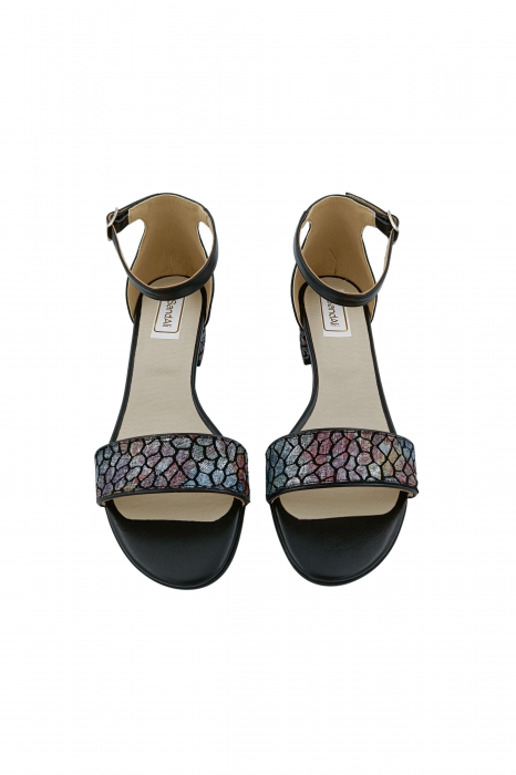 Sandale dama eleganti, piele naturala, toc mic gros, imprimeu de mozaic pe bareta, negru, Sandali [4]