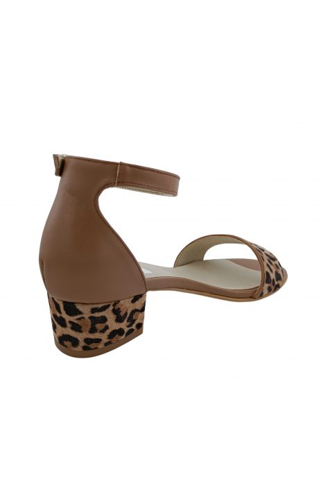 Sandale dama eleganti, piele naturala, toc mic gros, imprimeu lepoard, bej inchis, Sandali [3]