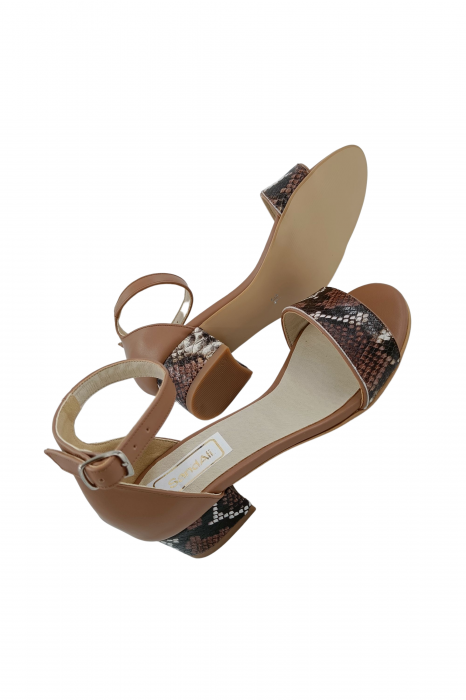 Sandale dama eleganti, piele naturala, toc mic gros, imprimeu sarpe, bej inchis, Sandali [5]