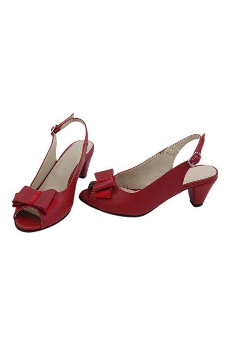 Sandale damă eleganți, piele naturală, vârf decupat cu fundă, toc conic, roșu [5]