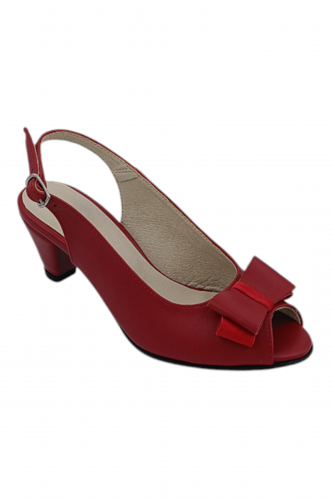 Sandale damă eleganți, piele naturală, vârf decupat cu fundă, toc conic, roșu [2]