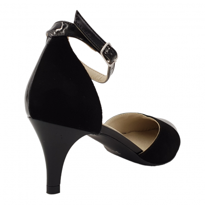 Sandale dama eleganti, varf ascutit, piele naturala lacuita, toc subtire, negru cu piele velur, Sandali [2]