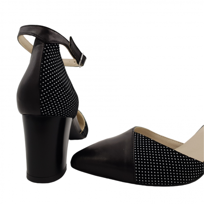 Sandale dama eleganti, varf ascutit, piele naturala, toc gros, negru cu buline albe, Sandali [4]
