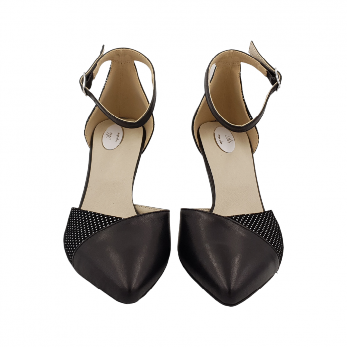 Sandale dama eleganti, varf ascutit, piele naturala, toc gros, negru cu buline albe, Sandali [3]