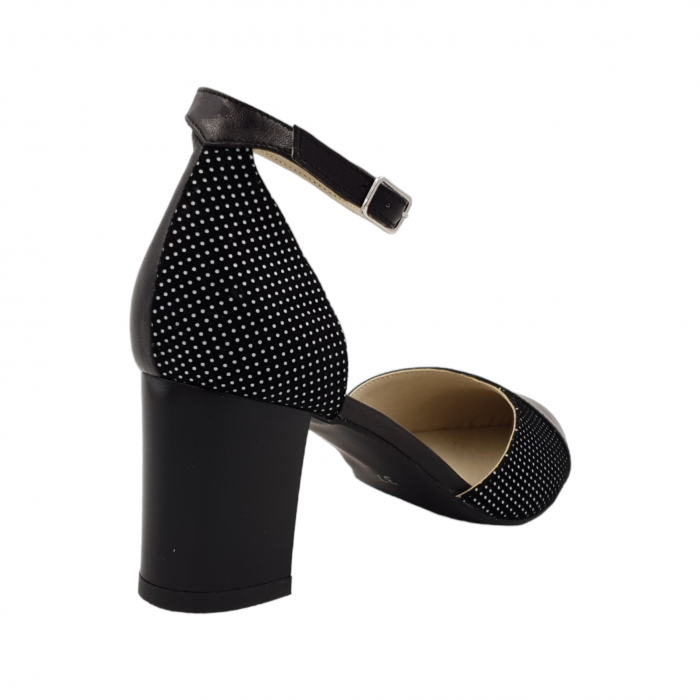 Sandale dama eleganti, varf ascutit, piele naturala, toc gros, negru cu buline albe, Sandali [2]