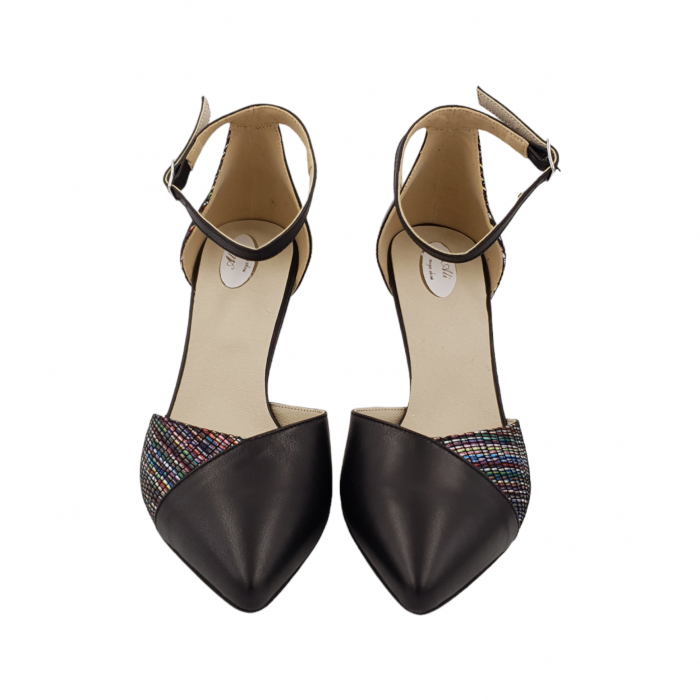 Sandale dama eleganti, piele naturala, varf ascutit, toc gros, negru cu linii colorate, Sandali [3]
