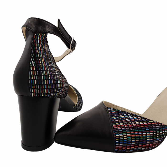 Sandale dama eleganti, piele naturala, varf ascutit, toc gros, negru cu linii colorate, Sandali [4]