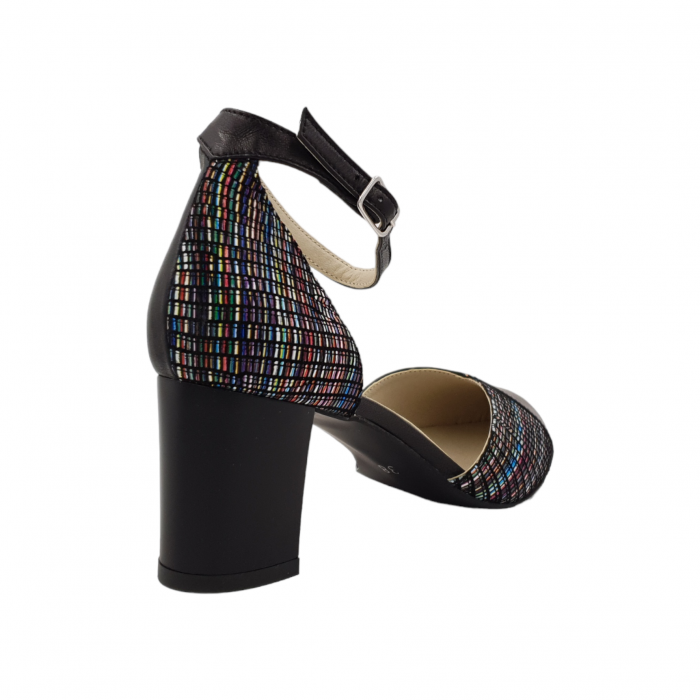Sandale dama eleganti, piele naturala, varf ascutit, toc gros, negru cu linii colorate, Sandali [2]