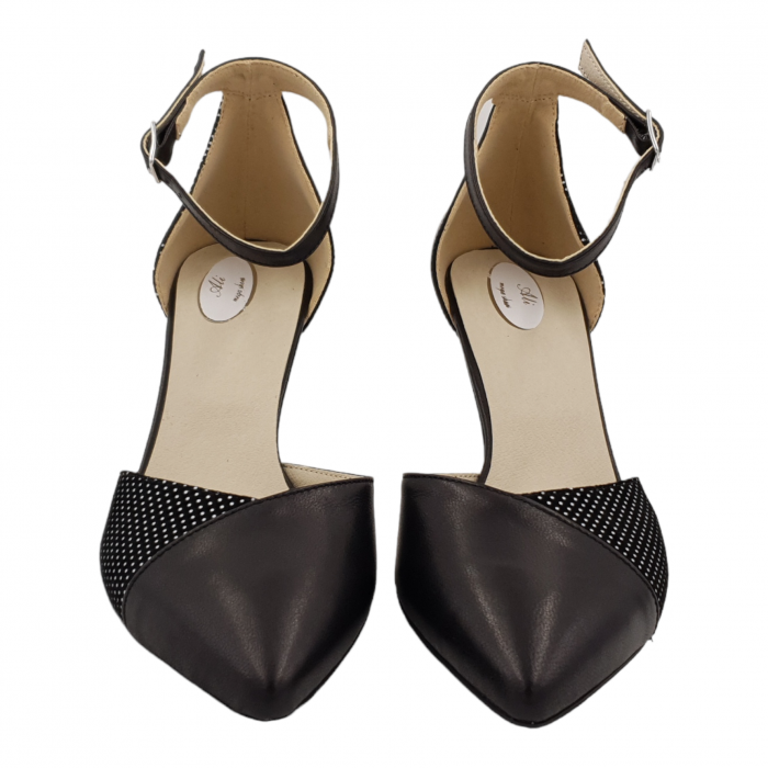 Sandale dama eleganti, varf ascutit, piele naturala, toc subtire, negru cu buline albe, Sandali [3]