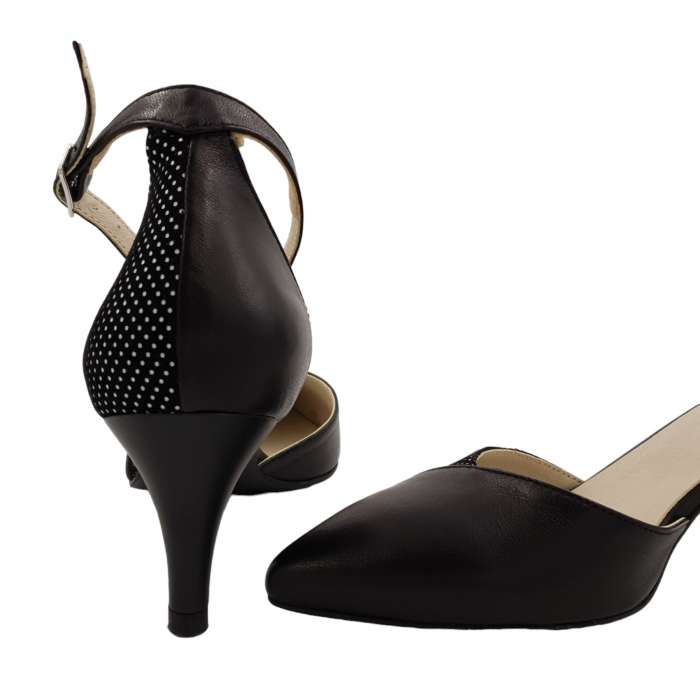 Sandale dama eleganti, varf ascutit, piele naturala, toc subtire, negru cu buline albe, Sandali [4]