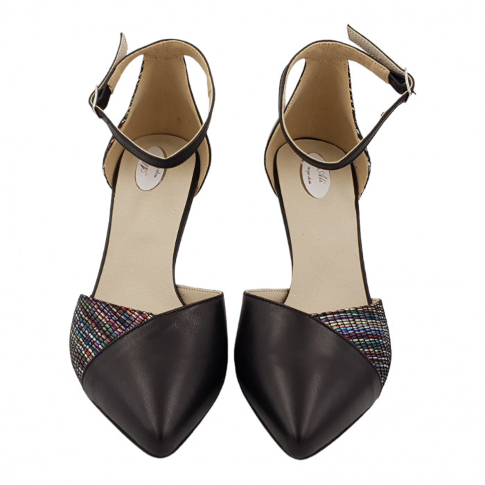 Sandale dama eleganti, varf ascutit, piele naturala, toc subtire, negru cu linii colorate, Sandali [3]