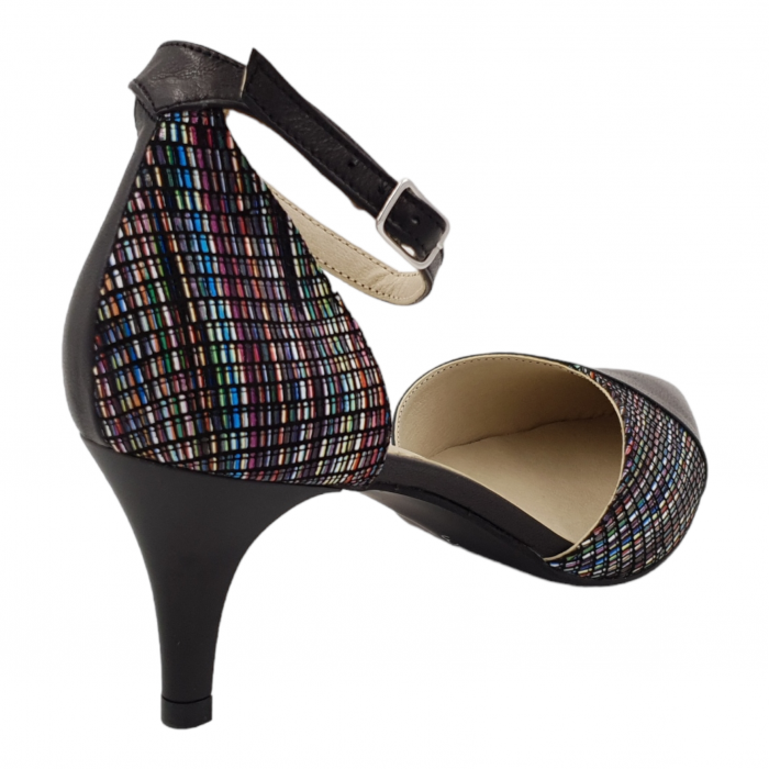 Sandale dama eleganti, varf ascutit, piele naturala, toc subtire, negru cu linii colorate, Sandali [2]