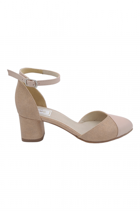 Sandale dama eleganti, varf migdalat, piele naturala, toc gros, bej puncte, Sandali [2]