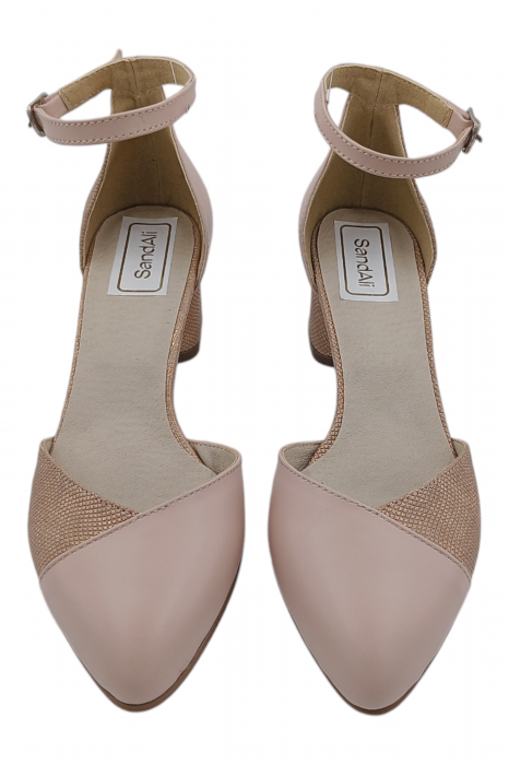 Sandale dama eleganti, varf migdalat, piele naturala, toc gros, bej puncte, Sandali [4]