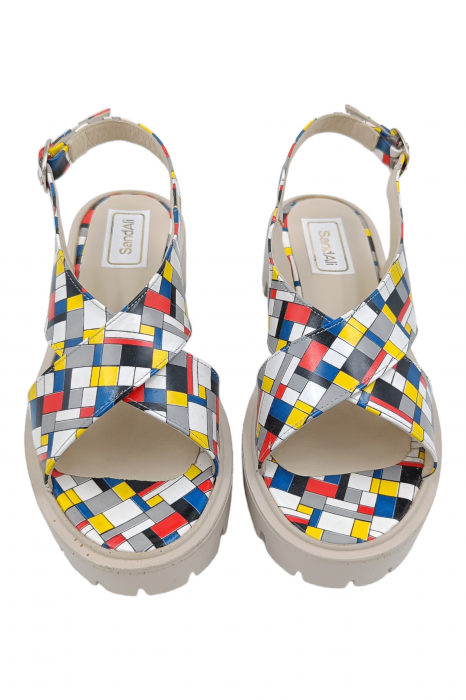 Sandale damă fara toc, piele naturală, imprimeu, talpă ușoară, bareta cataramă, carouri multicolor [4]