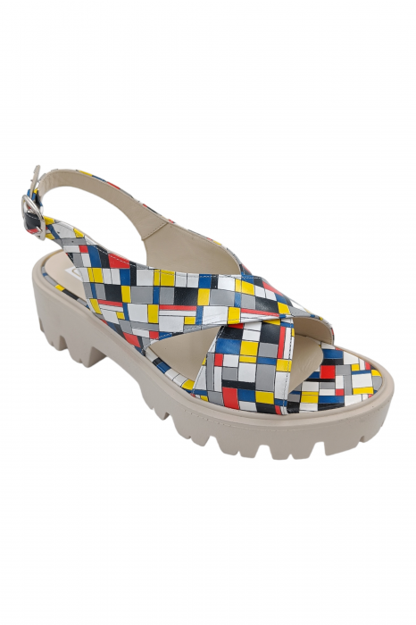 Sandale damă fara toc, piele naturală, imprimeu, talpă ușoară, bareta cataramă, carouri multicolor [2]