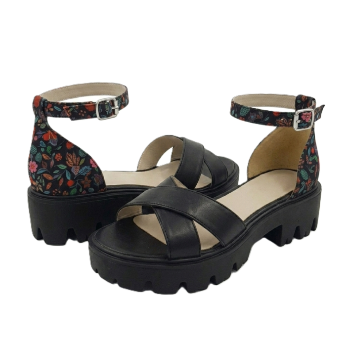 Sandale dama negre din piele naturala cu barete in X si imprimeu floral [4]