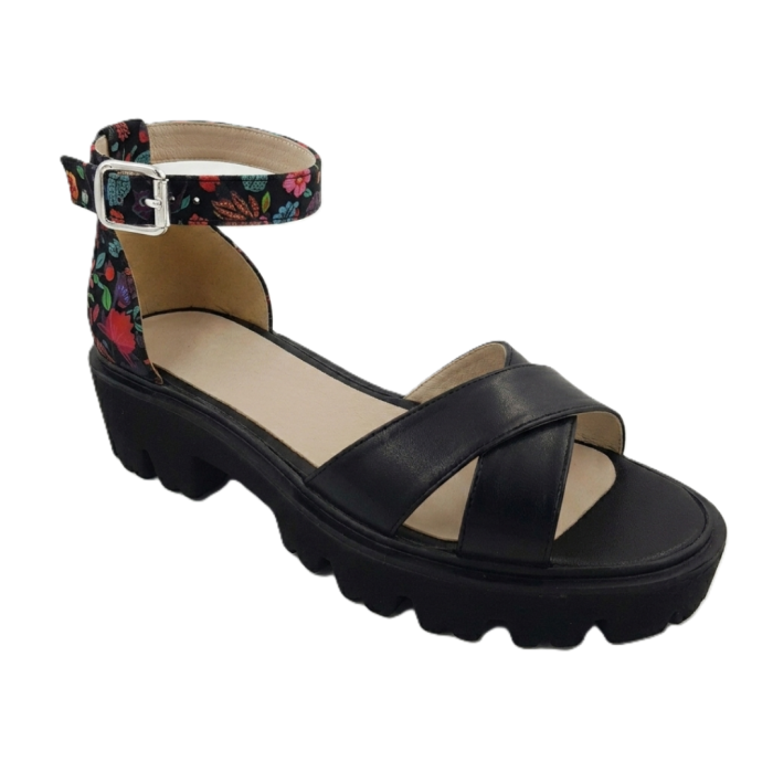Sandale dama negre din piele naturala cu barete in X si imprimeu floral [2]