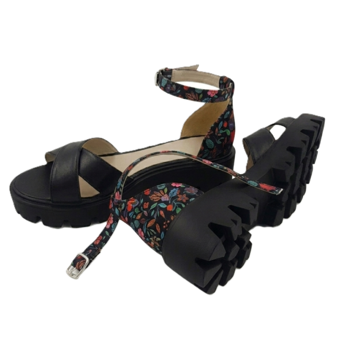 Sandale dama negre din piele naturala cu barete in X si imprimeu floral [5]