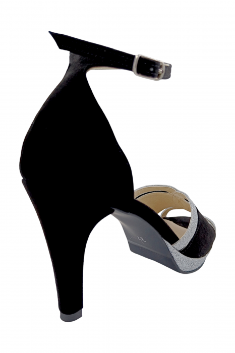 Sandale damă, piele naturală, toc cui înalt îmbrăcat, platou, glitter argintiu, negru, SANDALI [3]