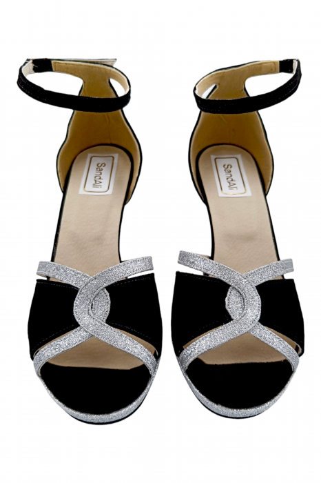 Sandale damă, piele naturală, toc cui înalt îmbrăcat, platou, glitter argintiu, negru, SANDALI [4]