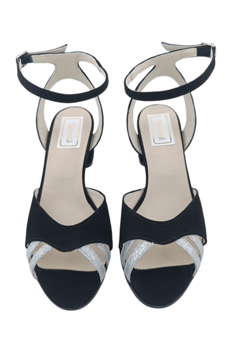 Sandale damă, piele naturală, toc gros imbrăcat, glitter argintiu, negru [4]
