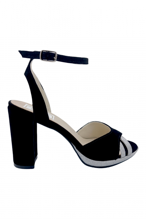 Sandale damă, piele naturală, toc înalt gros îmbrăcat, platou, glitter argintiu, negru [2]