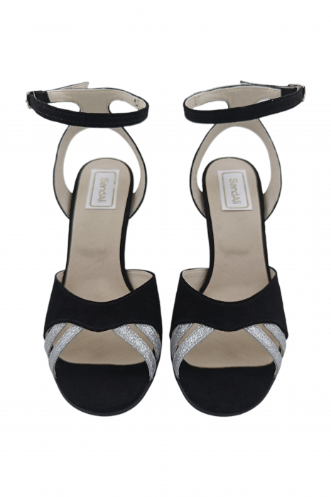 Sandale damă, piele naturală, toc mediu cui, imbracat, glitter argintiu, negru [4]