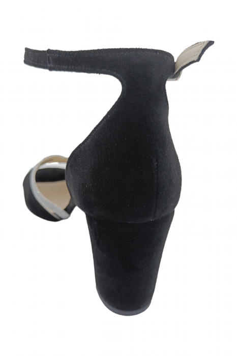 Sandale damă, piele naturală, toc mediu gros îmbrăcat, glitter argintiu, negru [3]