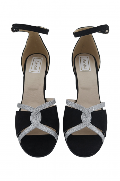 Sandale damă, piele naturală, toc mediu gros îmbrăcat, glitter argintiu, negru [4]
