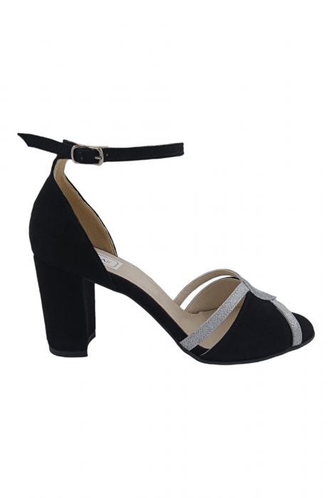 Sandale damă, piele naturală, toc mediu gros îmbrăcat, glitter argintiu, negru [2]