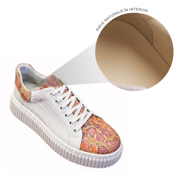 sneakers dama albi piele naturala talpa cusuta snake coral crocodile [7]