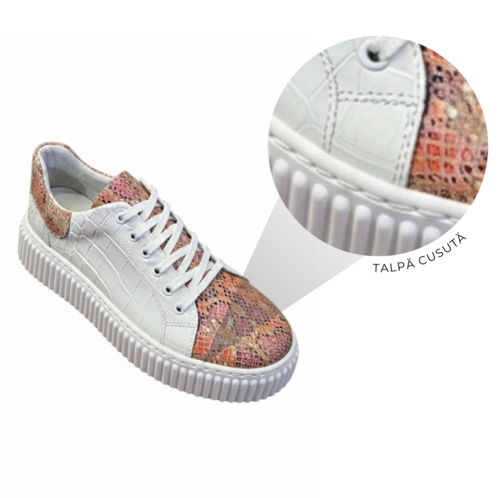 sneakers dama albi piele naturala talpa cusuta snake coral crocodile [6]