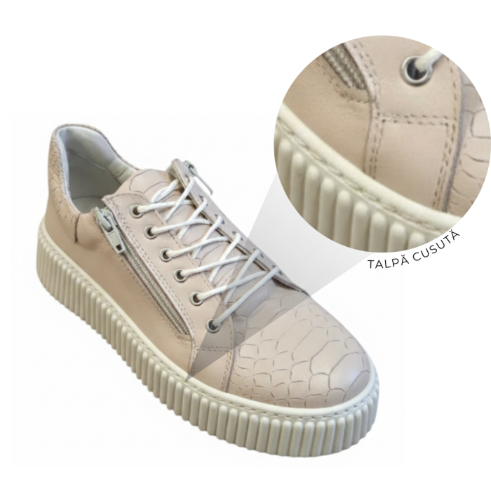 Sneakers damă bej nude din piele naturală cu textură snake și talpă cusută [6]