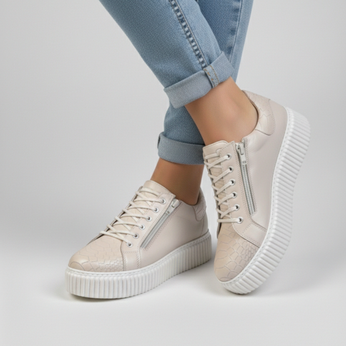 Sneakers damă bej nude din piele naturală cu textură snake și talpă cusută [9]