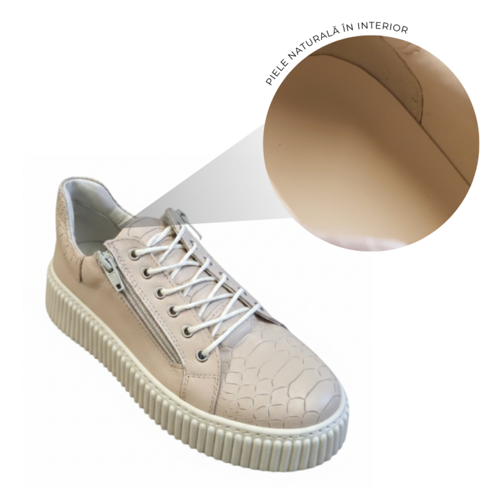 Sneakers damă bej nude din piele naturală cu textură snake și talpă cusută [8]