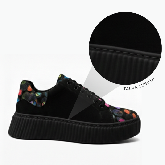 Sneakers damă negri din piele întoarsă cu buline colorate și talpă cusută [6]