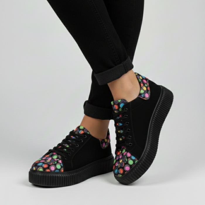 Sneakers damă negri din piele întoarsă cu buline colorate și talpă cusută [7]