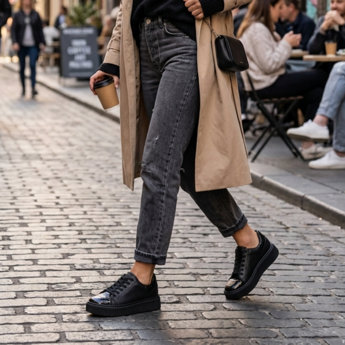 Sneakers damă negri piele naturală bizonată cu croco – talpă cusută [6]