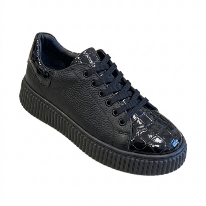 Sneakers damă negri piele naturală bizonată cu croco – talpă cusută [2]