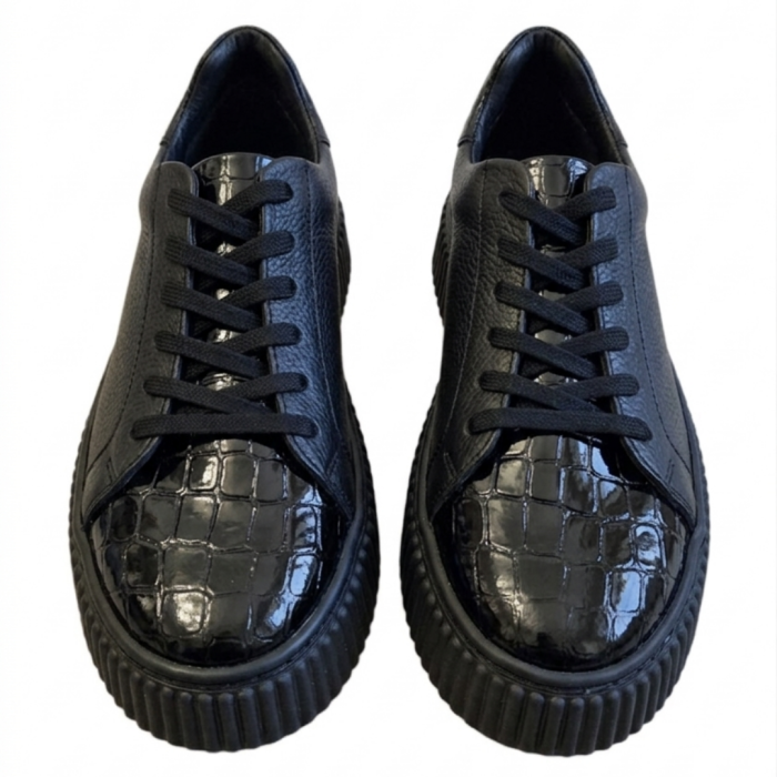 Sneakers damă negri piele naturală bizonată cu croco – talpă cusută [4]
