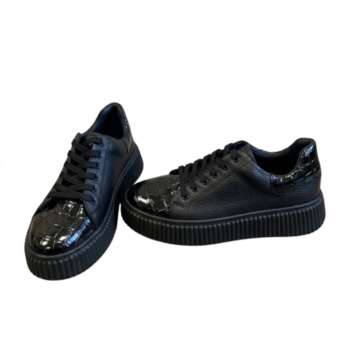 Sneakers damă negri piele naturală bizonată cu croco – talpă cusută [5]