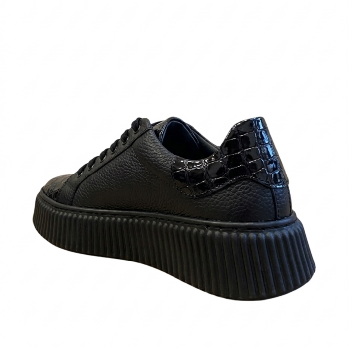 Sneakers damă negri piele naturală bizonată cu croco – talpă cusută [3]